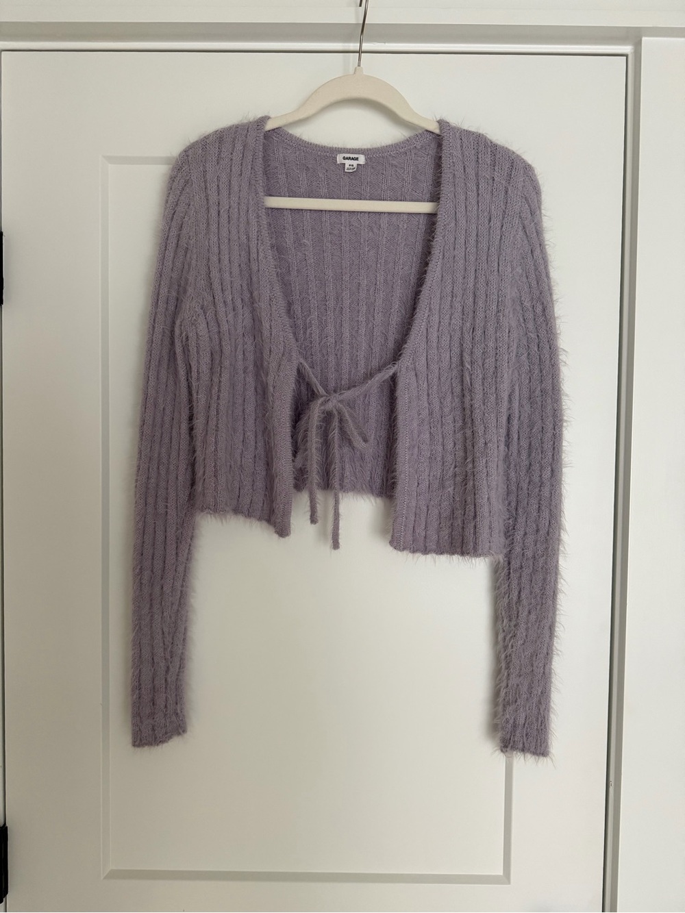 Garage Lavender Tie-Front Fuzzy Ribbed Cardigan